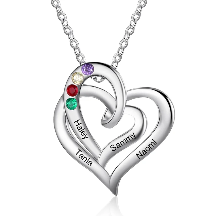 Personalized Double Heart Necklace with 4 Birthstones Gift for Mom