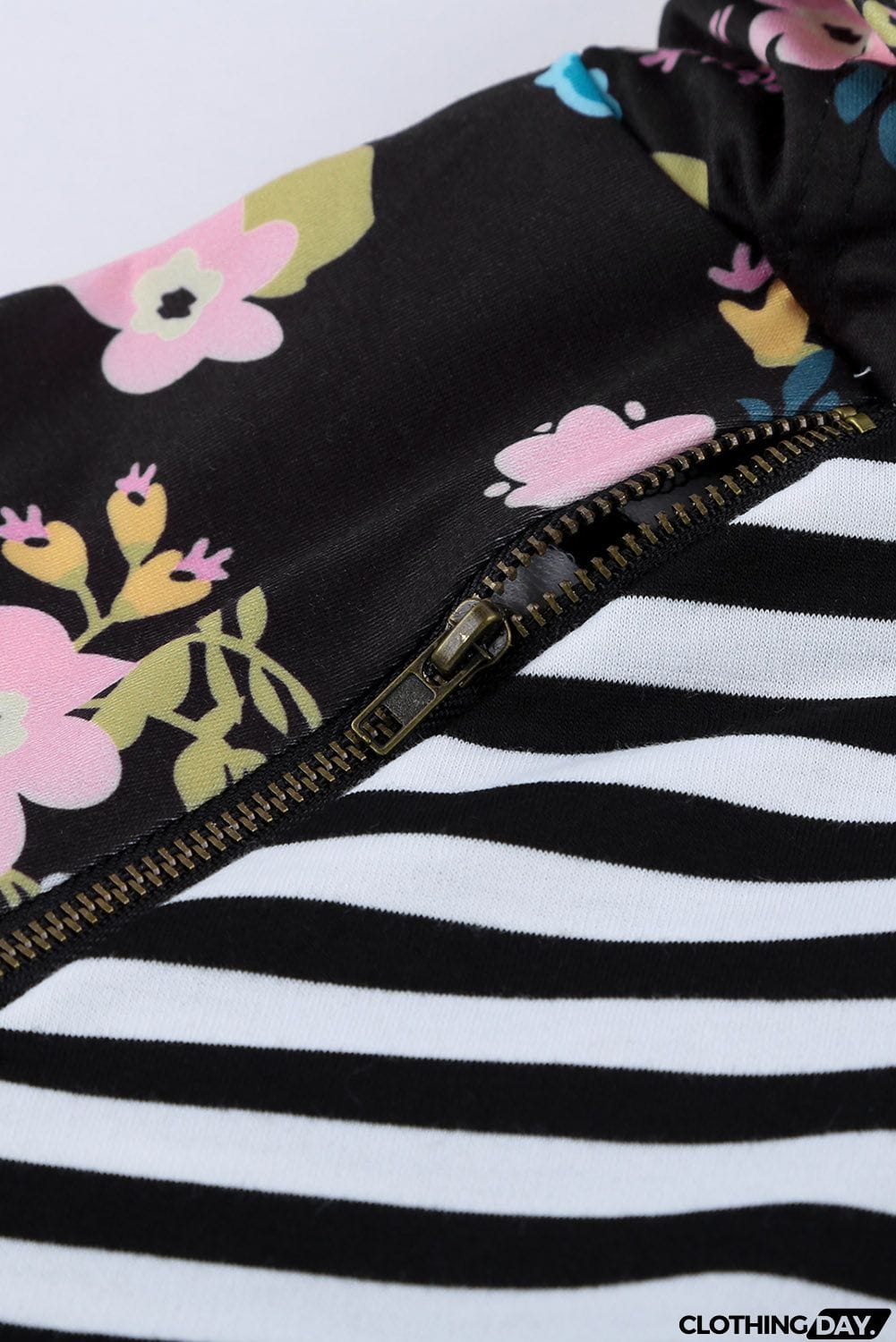 Striped Floral Print Long Sleeve Zipper Hoodie