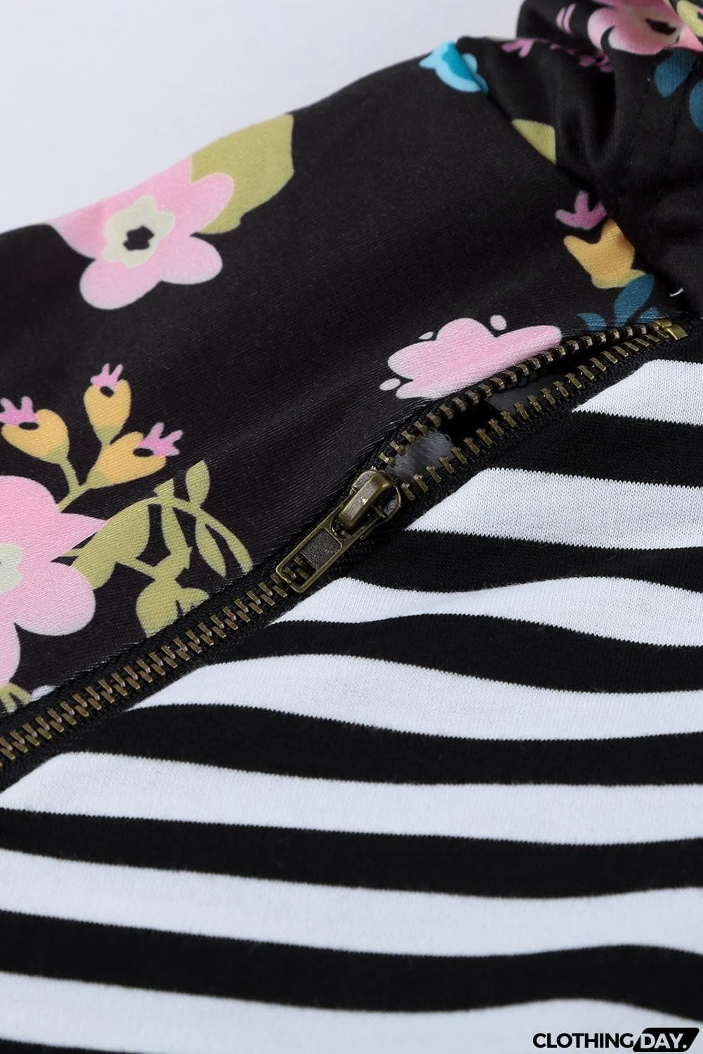 Striped Floral Print Long Sleeve Zipper Hoodie