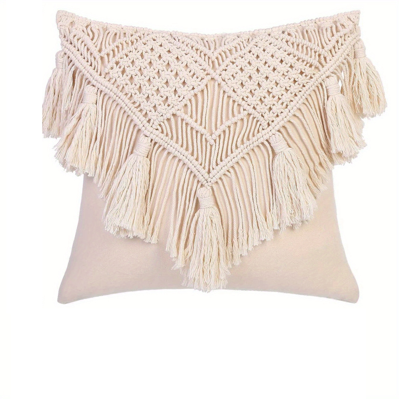 1pc Bohemian Woven Pillow Cover with Tasseled Macrame - Stylish Craftsmanship, Soft Texture for Bed, Sofa, Couch - 17x17 Inch Home Decor Accent