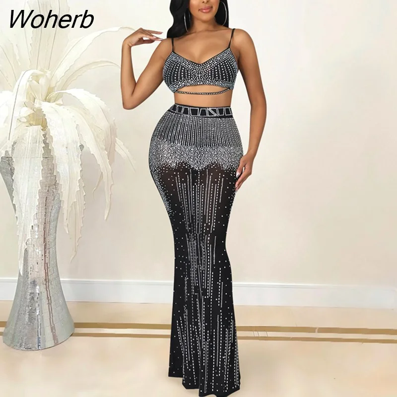 Woherb Autumn Winter Hot Rhinestones Women's Set Crop Tops and Maxi Mermaid Skirts Sexy Club Party Two Piece Set Fitness Outfit