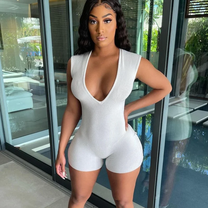 Hugcitar 2021 Sleeveless Deep V Solid Bodycon Ribbed Ruched Sexy Playsuit Summer Women Fashion Streetwear Outfits Romper