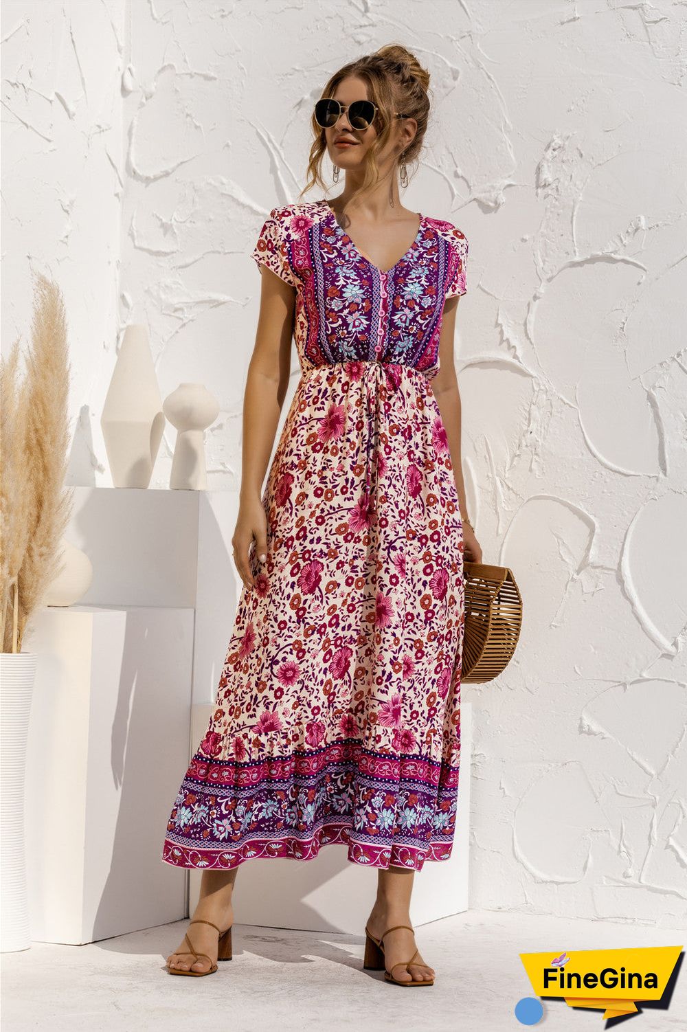 Short Sleeve V Neck Floral Maxi Dress