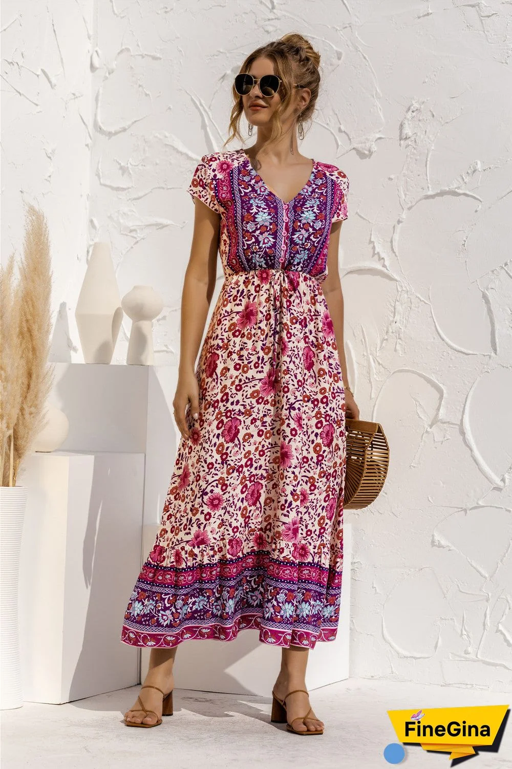 Short Sleeve V Neck Floral Maxi Dress
