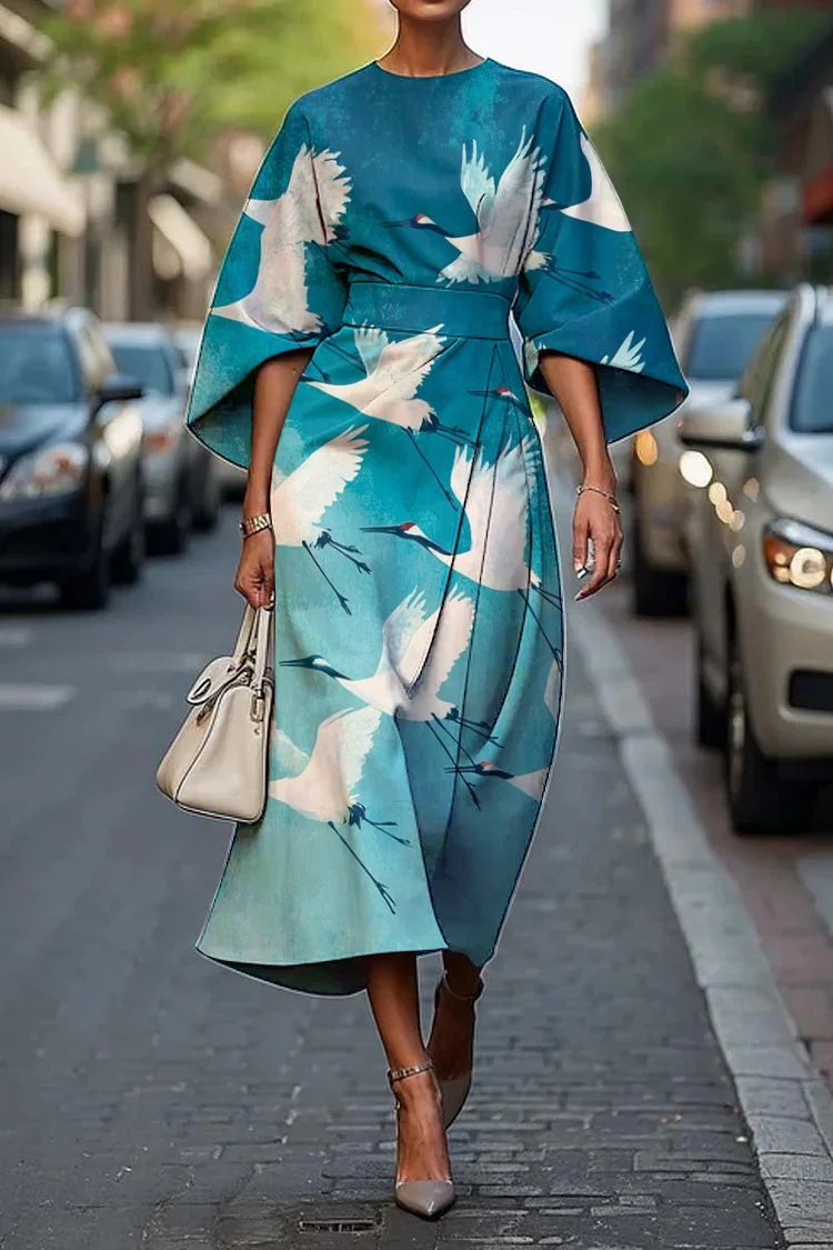 Women's Japanese Crane Art Print Midi Dress