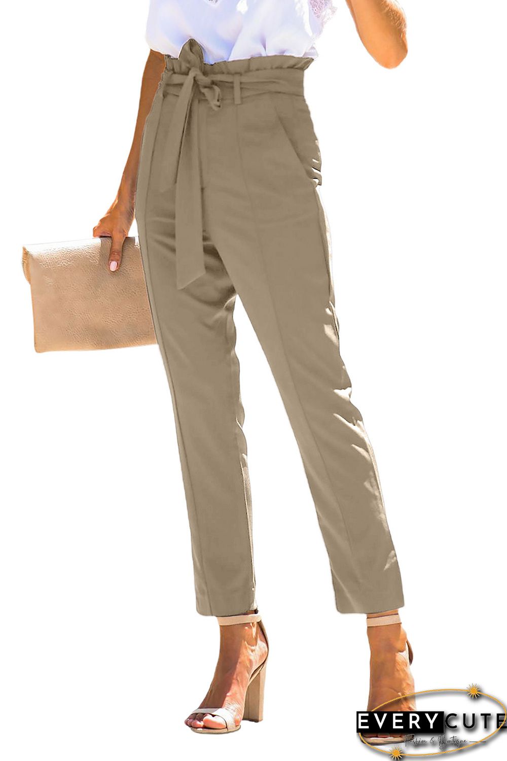 Khaki Casual Paperbag Waist Straight Leg Pants with Belt