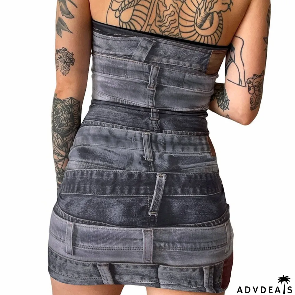 Women Fashion Prints Style Slim Fit Low Back Strapless Bodycon Dress