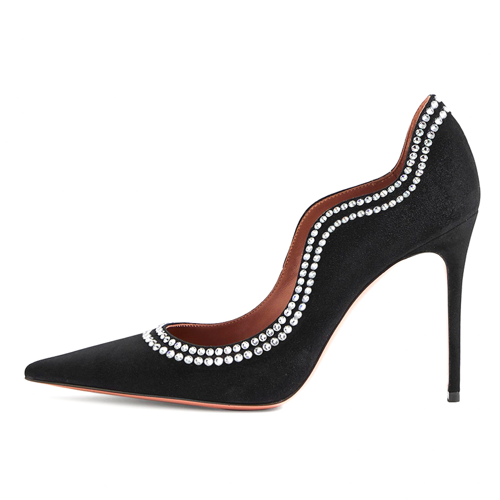 Black Vegan Suede Pointed Toe Wavy Edge Rhinestone Trim Pumps Heels Nicepairs