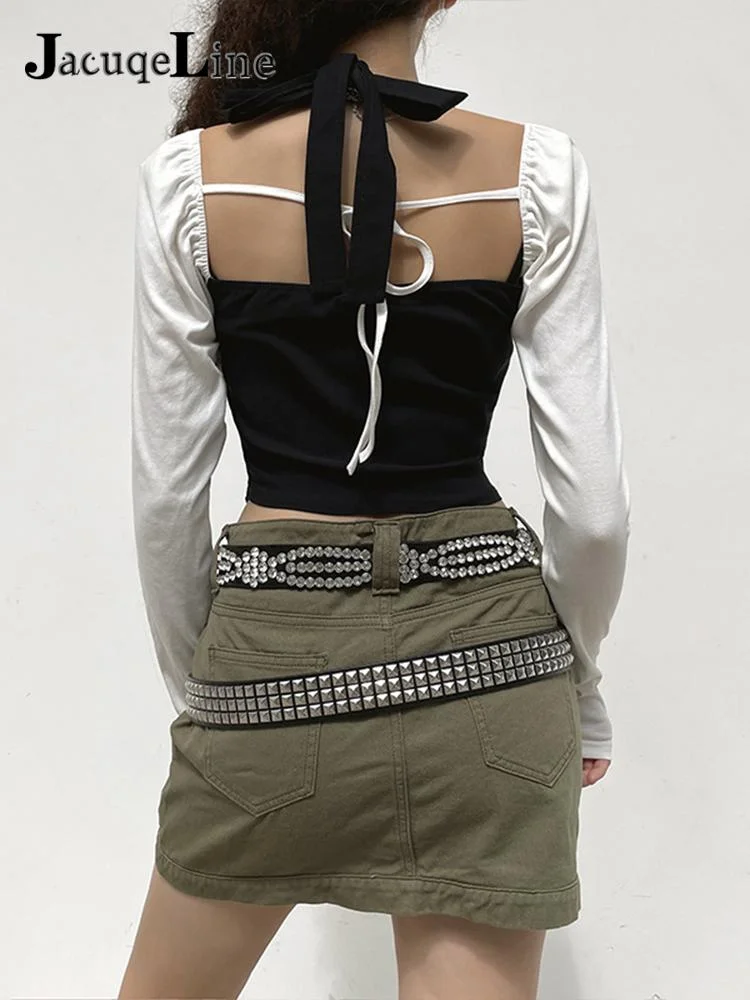 Jacqueline 2022 Y2K Korean Retro Fairy Grunge Tee Button Ruched Crop Top Long Sleeve Harajuku Sweet Cute Kawaii T Shirt Women