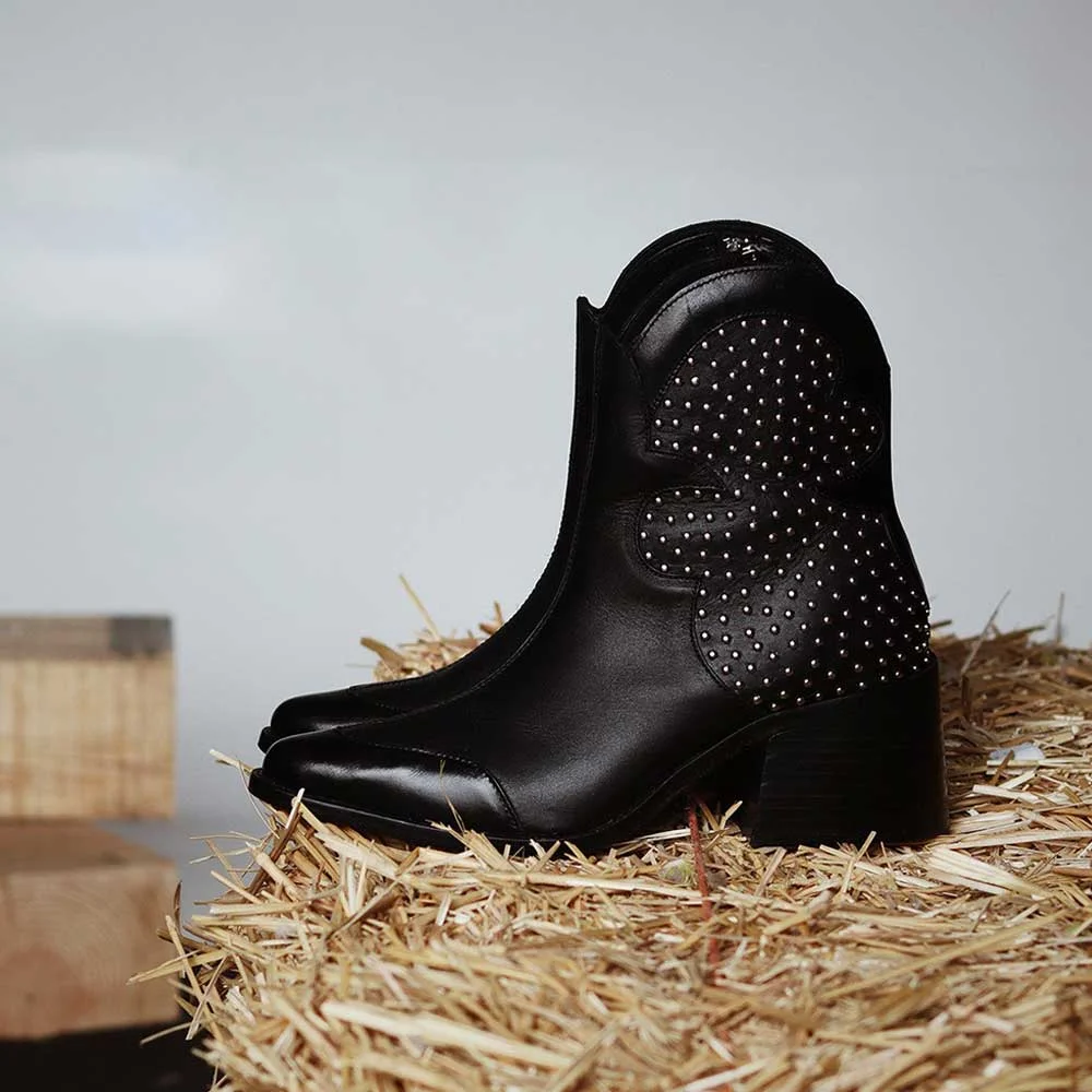 Black Studded Snip Toe Block Heel Zipper Ankle Cowgirl Boots for Women