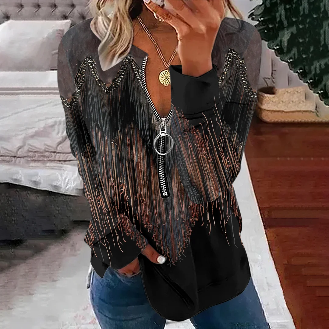 Western Tassel Art Zip Up Sweatshirt