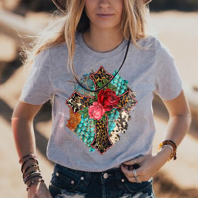 Cross And Rose Flower Casual Women's Graphic Tees