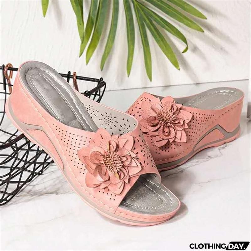 Women's Cute Soft Footbed Floral Deco Cutout Non-Slip Wedge Slippers