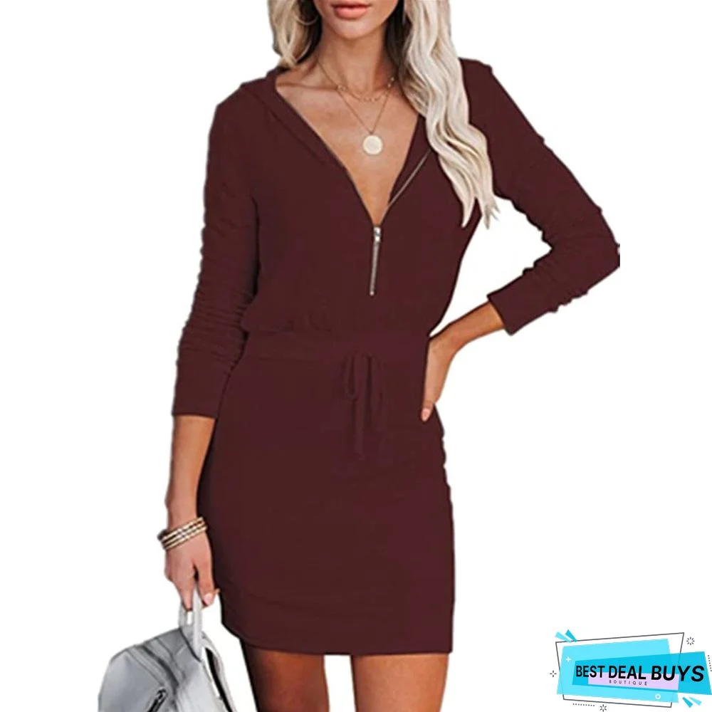 New Women's Solid Color Zipper Long Sleeve Hooded Waist Dress