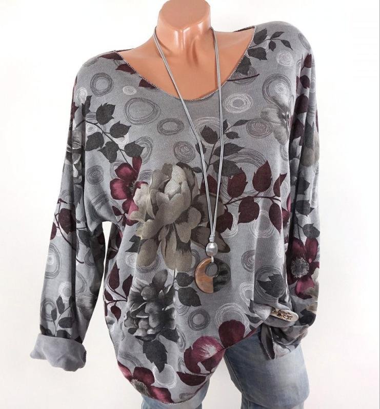 Floral Print Crew Neck Long Sleeve Casual T-shirts Tops - Chicaggo