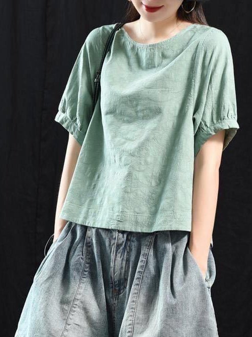 Short Sleeve Crew Neck Solid Cotton-Blend Shirts & Tops Zaesvini