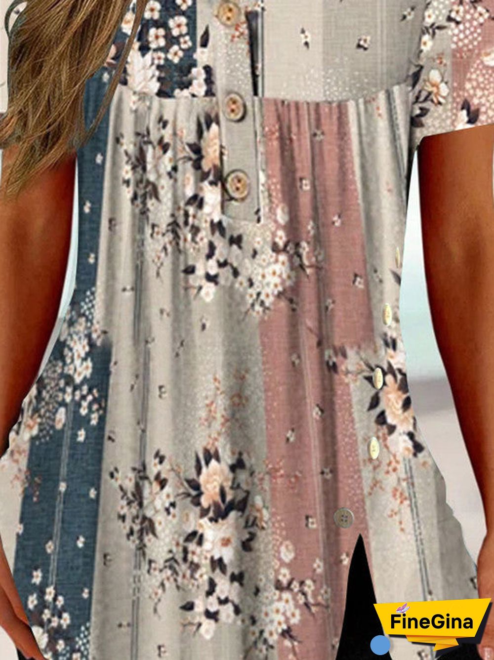 Women Short Sleeve U-neck Stitching Floral Printed Tops