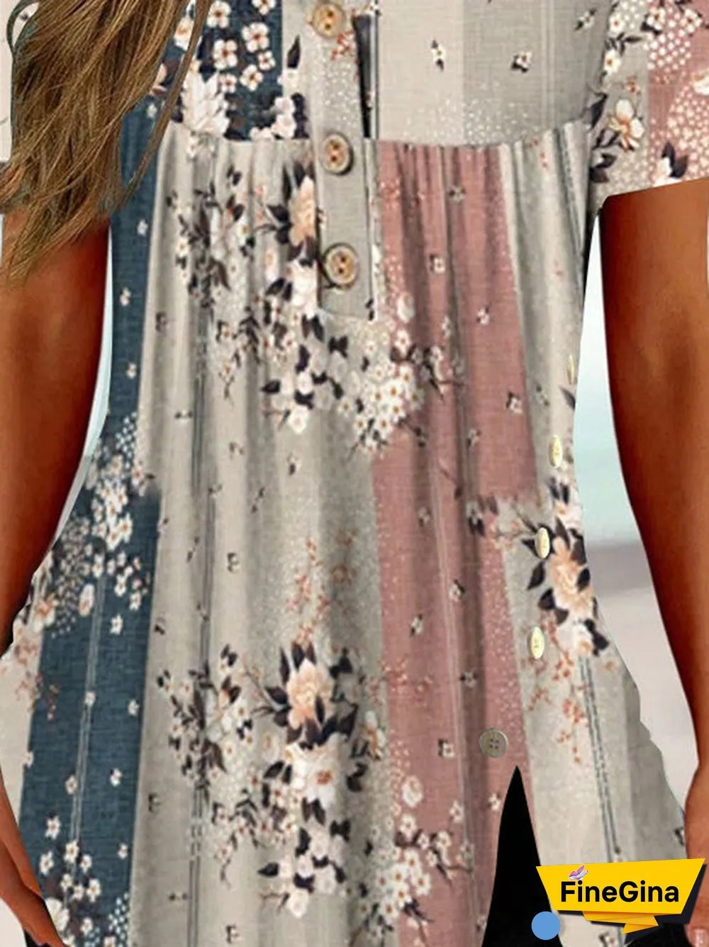 Women Short Sleeve U-neck Stitching Floral Printed Tops