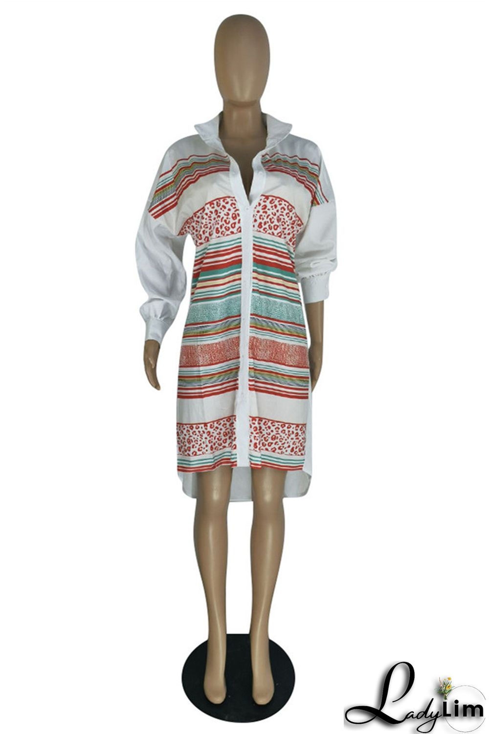 Blue Fashion Casual Striped Print Patchwork Shirt Collar Shirt Dress