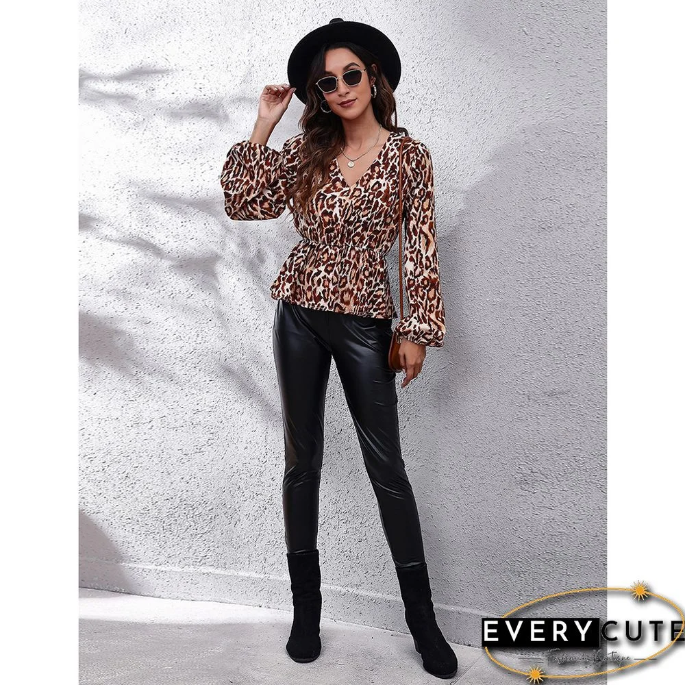 Leopard Print Slim Fit Lantern Sleeve Tops