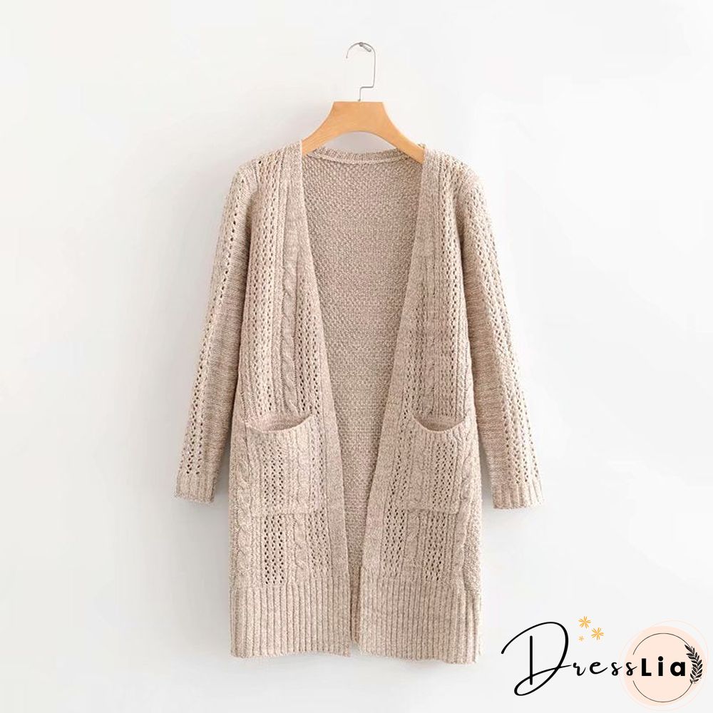 Elegant Hollow Out Braided Long Cardigan Sweater Coat With Hood
