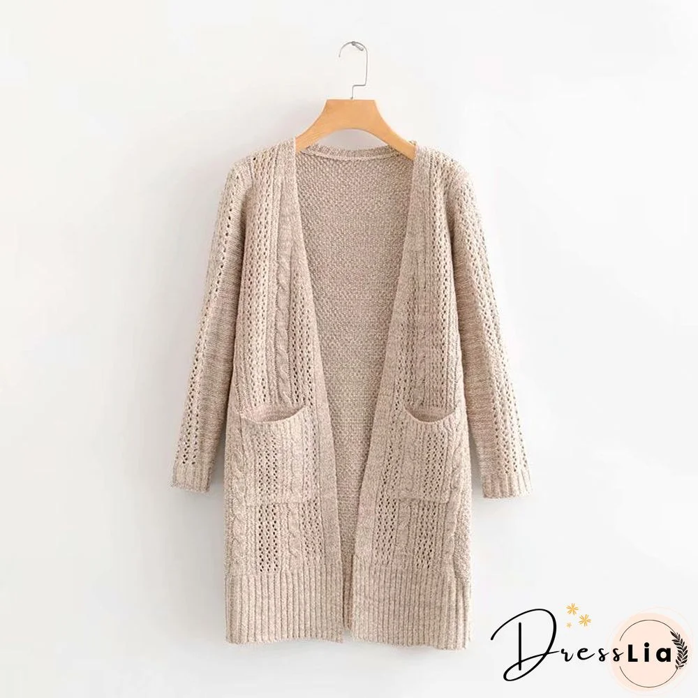 Elegant Hollow Out Braided Long Cardigan Sweater Coat With Hood