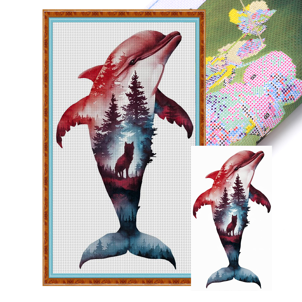 Silhouette - Dolphin Full 11CT Pre-stamped Canvas(40*70cm) Cross Stitch