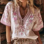 Women's Retro Cherry Blossoms Embroidered Linen T-shirt - Image 2