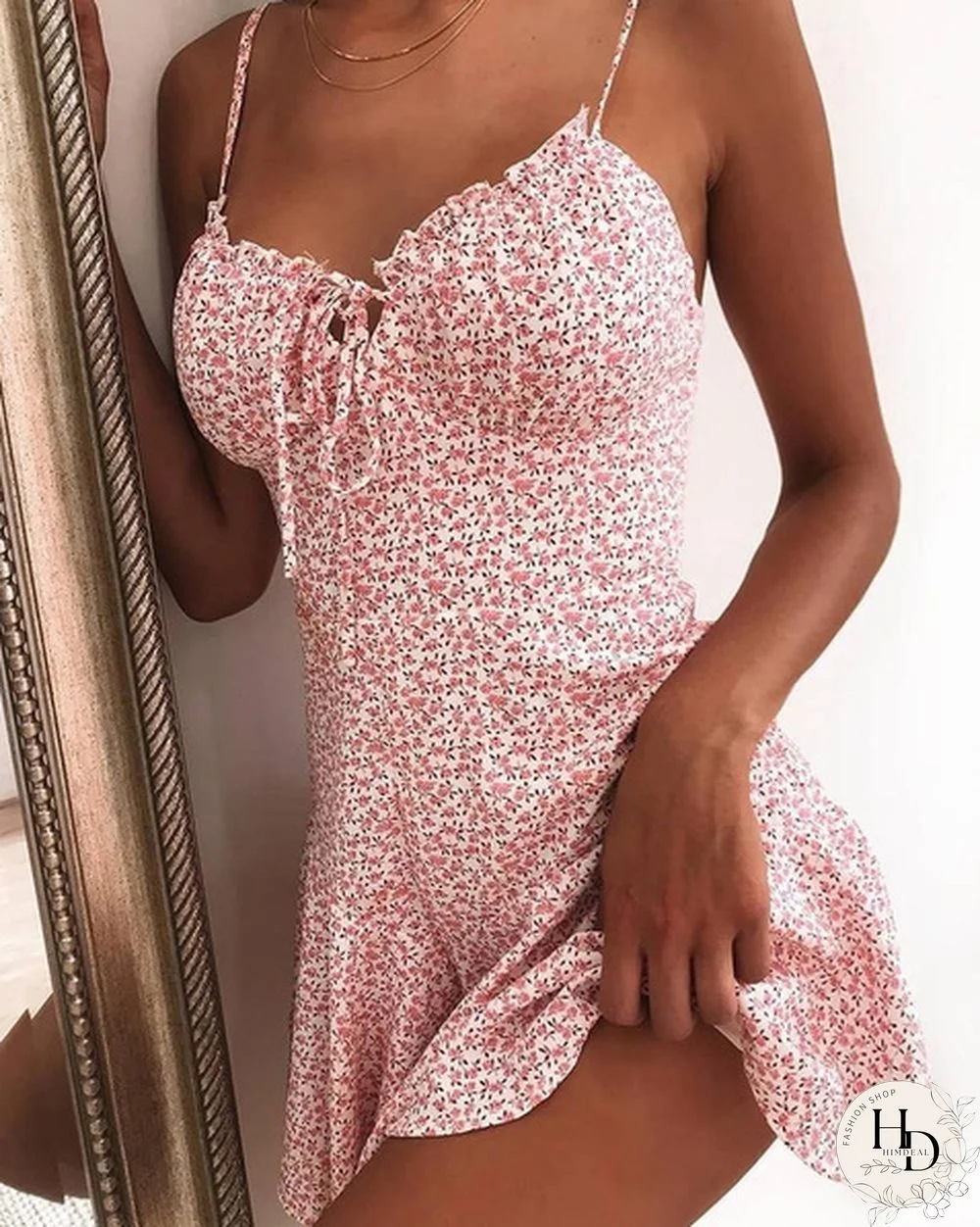 Women's Summer Fashion Spaghetti Strap Floral Print Tie Front Mini Dress Dresses Plus Size XS-8XL