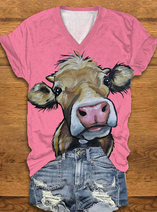 Women's Fun Cow Print V-Neck T-Shirt