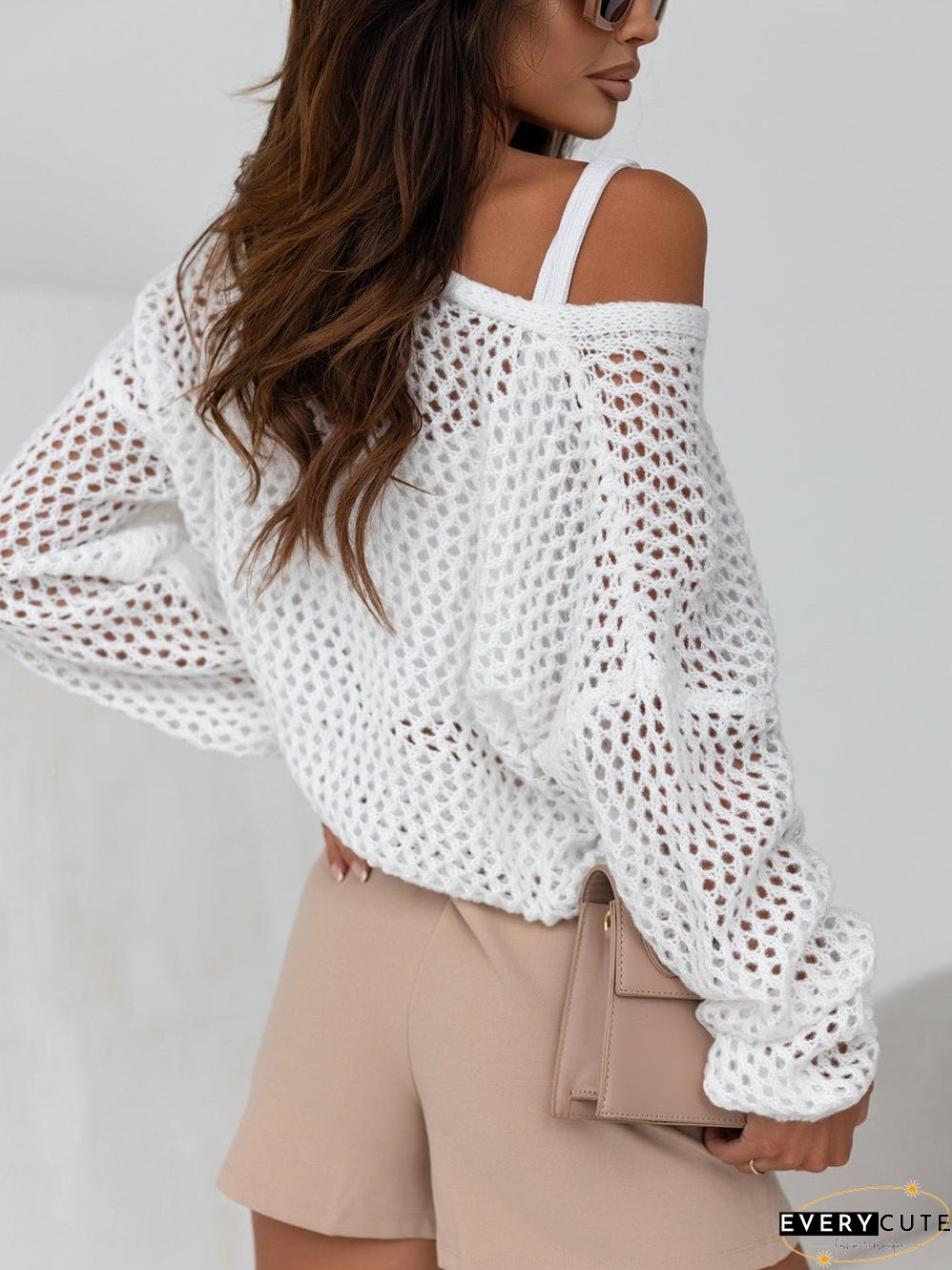 White Crochet Knit V-Neck Button-Up Cardigan