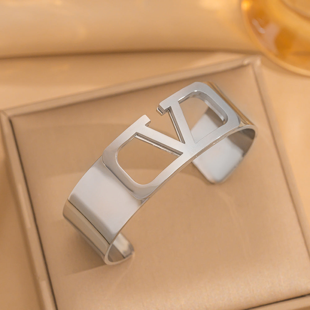 Wide Titanium Steel Bracelet C-Shaped Opening Size Adjustable Letters Simple And Stylish Design