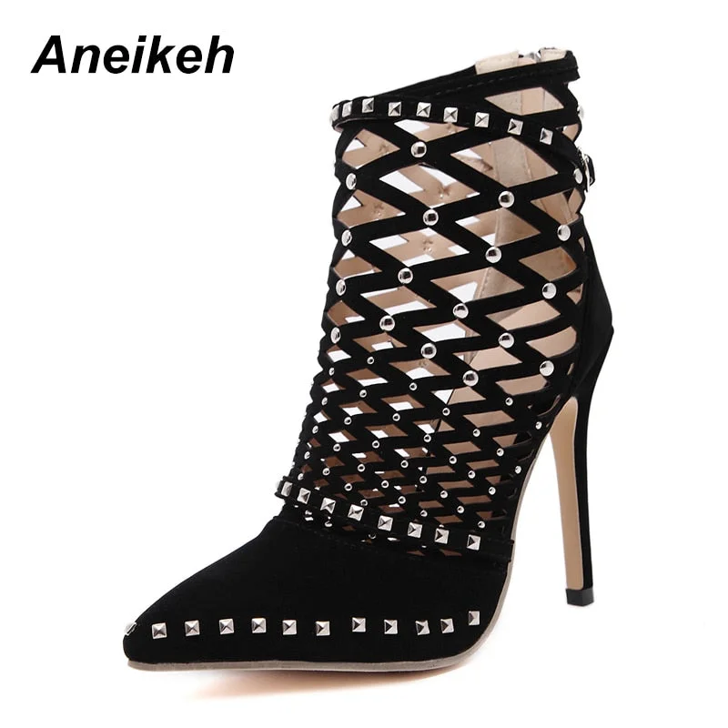 Aneikeh 2022 Gladiator Roman Sandals Summer Rivet Studded Cut Out Caged Ankle Boots Stiletto High Heel Women Sexy Shoes Pumps