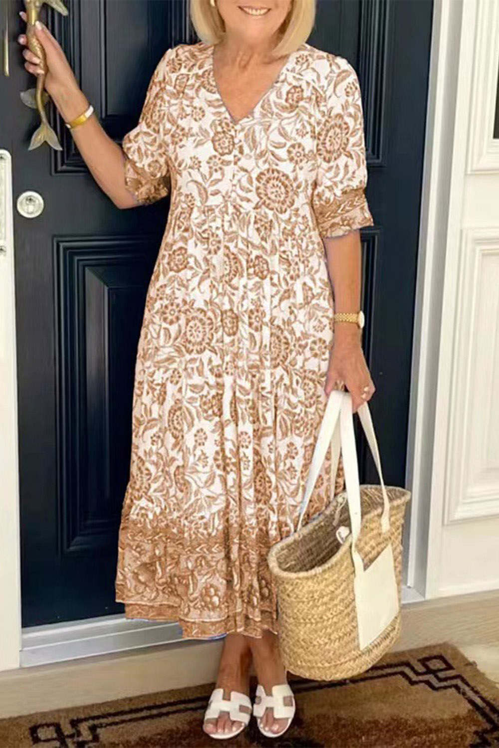 Plus Size Everyday Blue Floral Print Half Sleeve Maxi Dress 2024 - Flycurvy 
