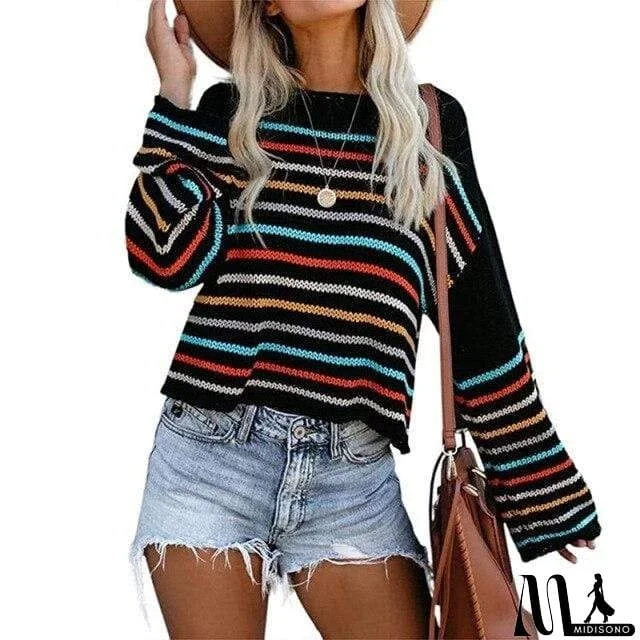 MidiSono - Bohemian Rainbow Striped Sweater