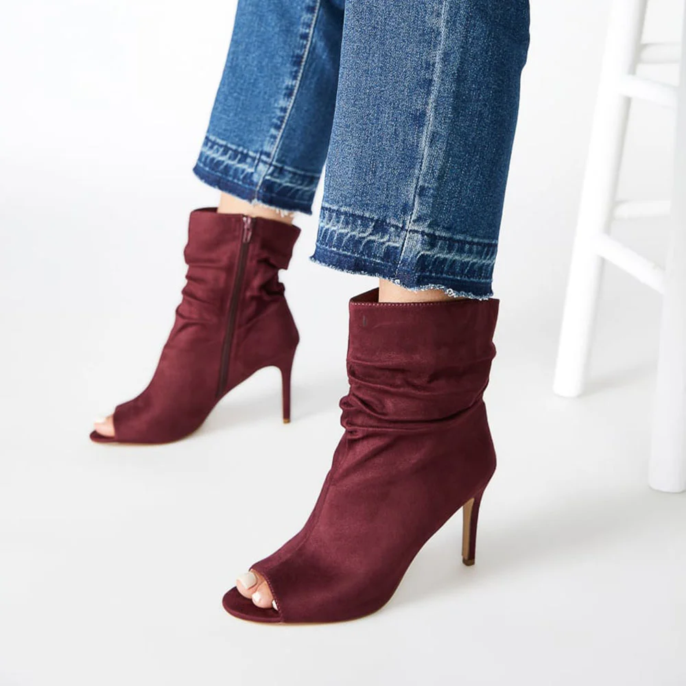 Maroon Faux Suede Peep Toe Ankle Boots With Stiletto Heels Nicepairs