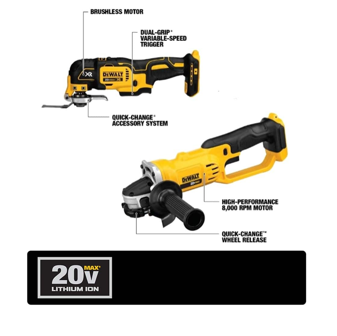 DCS355 Oscillating Tool features the DEWALT QUICK-CHANGE System and the DCG412 4-1/2 Cut Off Tool delivers 8000 RPM with a quick-change wheel release.