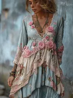 Vintage Boho Pink Roses Floral Layered Linen Maxi Dress