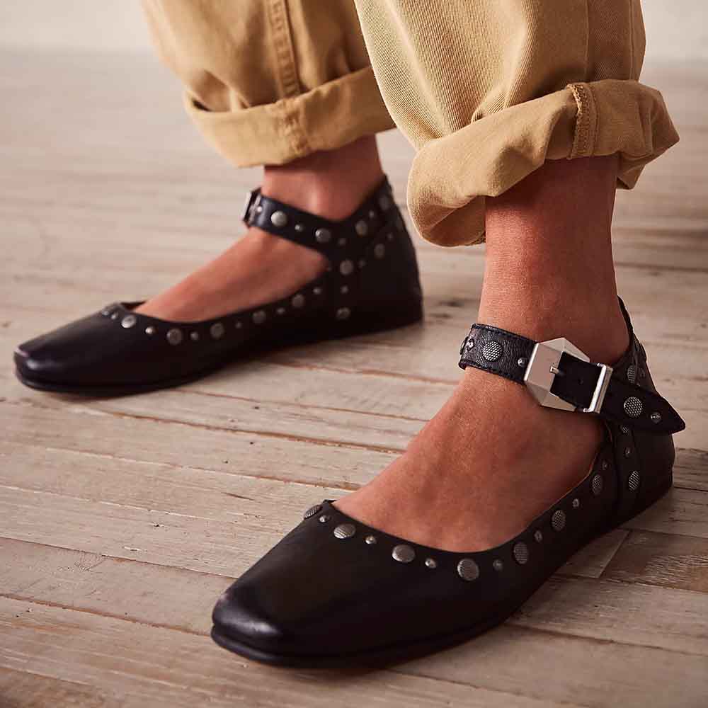 Black Square Toe Buckle Studded Mary Jane Flats for Women Nicepairs