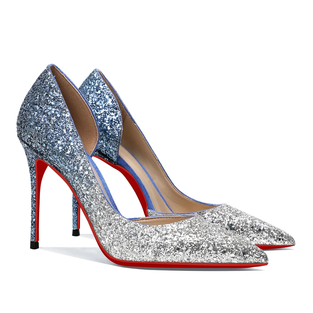 100mm Women's Pointed Toe Red Bottom Shiny Party Daily Wedding Pumps-MERUMOTE