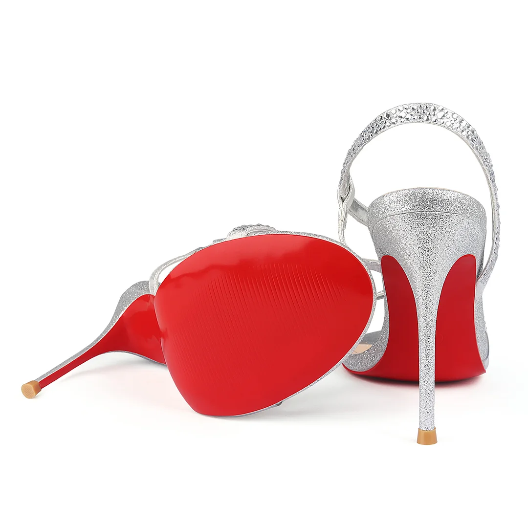 100mm Women's  Red Bottom  Sandals Stiletto Spotlight Wavy Straps High Heels Ankle Strap Studs Shoes-MERUMOTE