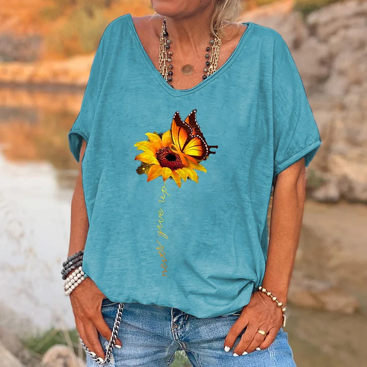 Never Give Up Printed Sunflower Women's T-shirt socialshop