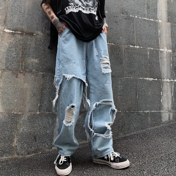 Vintage Streetwear Ripped High Rise Wide-leg Jeans at Hiphopee