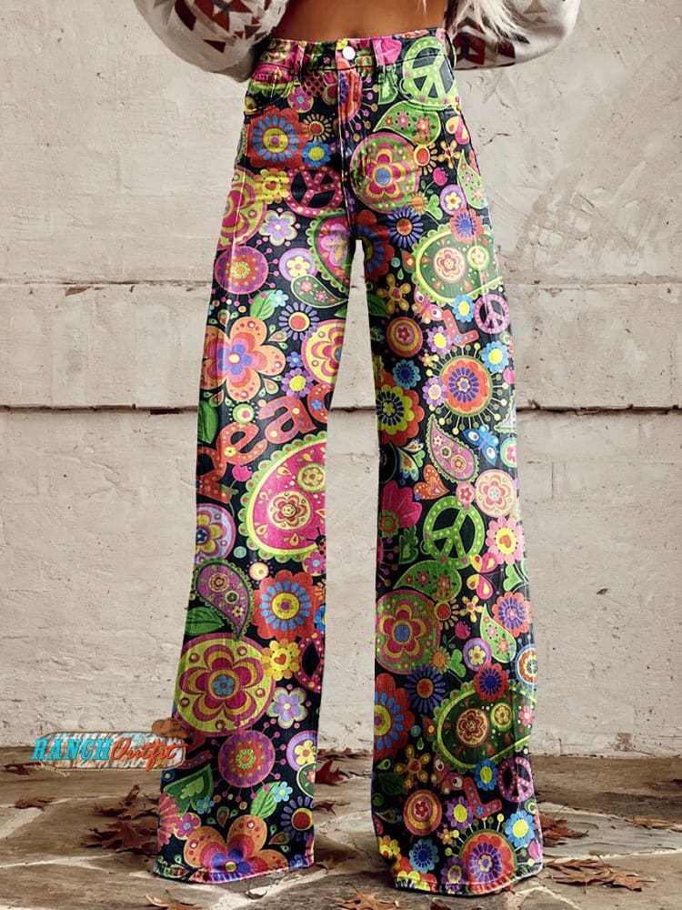 Women’s Vintage Hippie Style Multi Color Music Print Casual Wide Leg Pants Multicolor / Xs