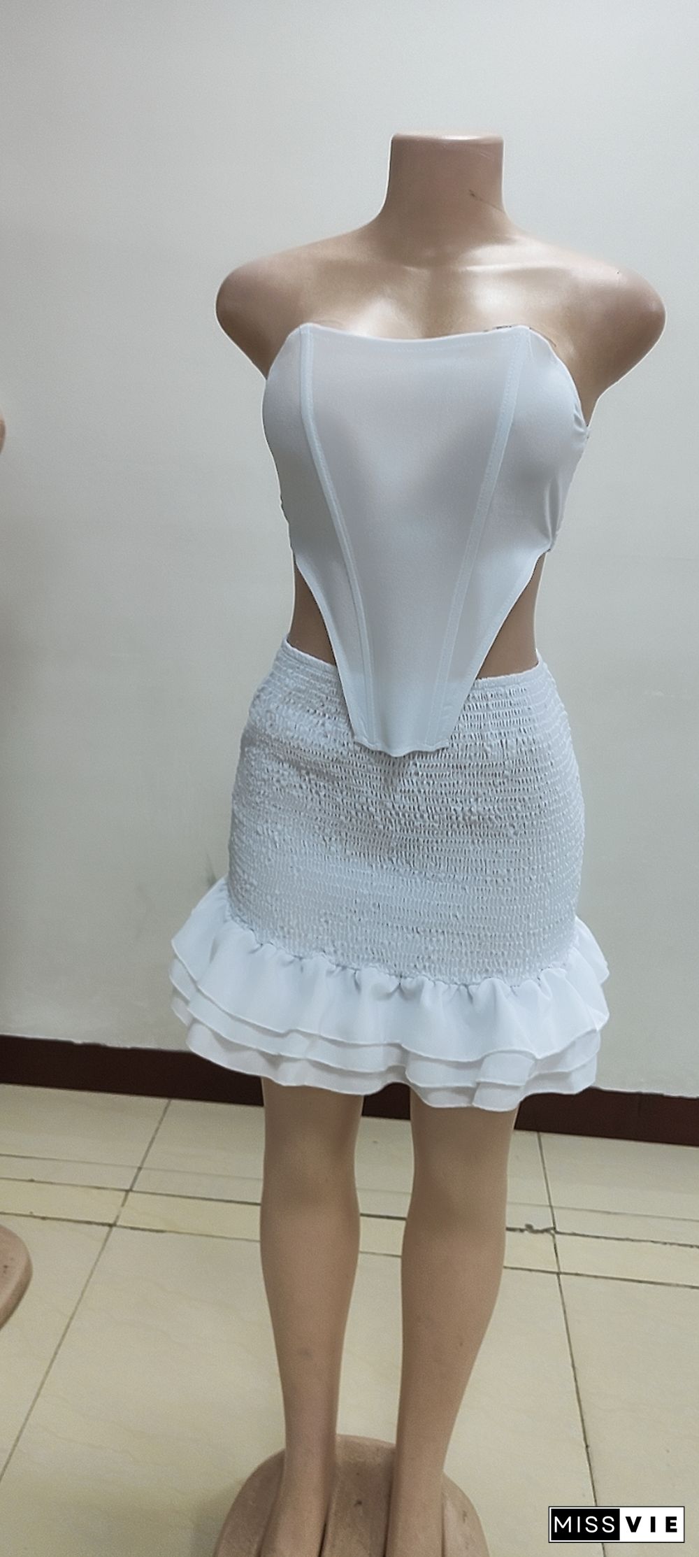 Strapless Corset Crop Tops Ruffle Hem Skirts Set