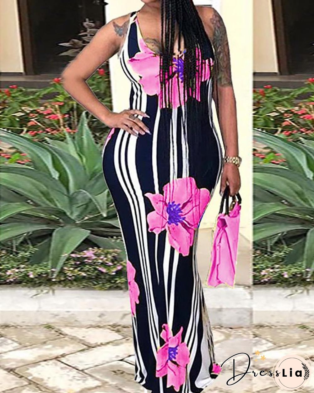 Sexy Floral Print Striped Bodycon Maxi Dress
