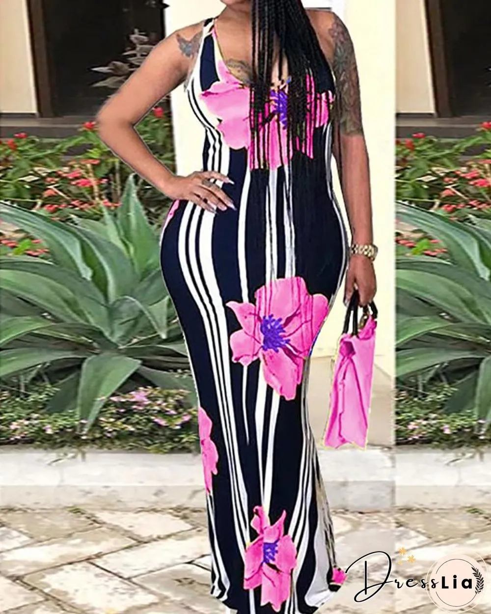 Sexy Floral Print Striped Bodycon Maxi Dress