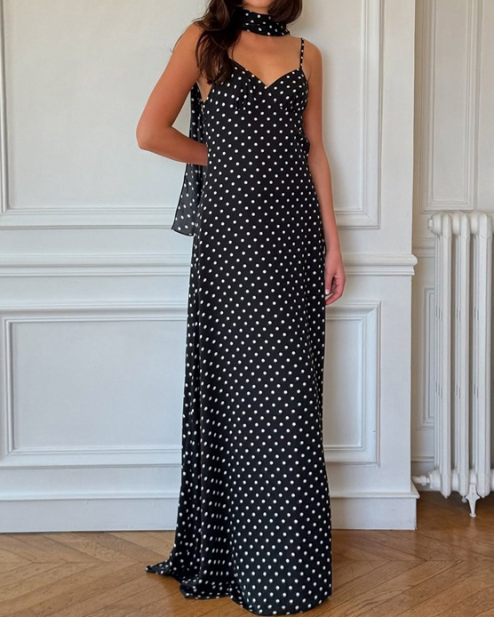 Strap Polka Dot Pattern Backless Maxi Dress