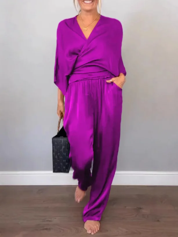 Nigikala Nigikala Women's Summer Fashion Solid Color Sleeve Short-Sleeved Blouse Trousers Set