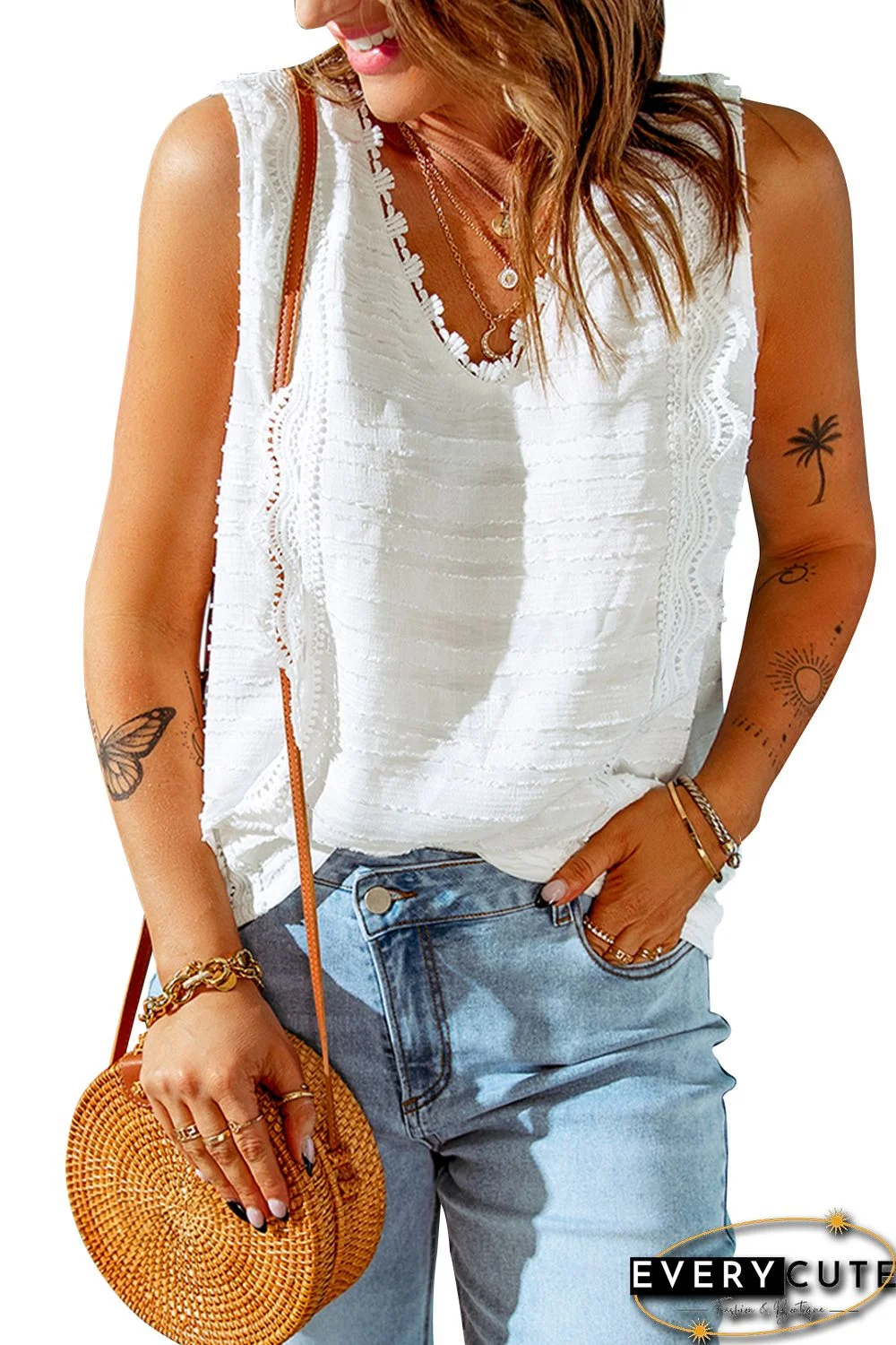 White Lace Crochet Keyhole Back V Neck Tank Top